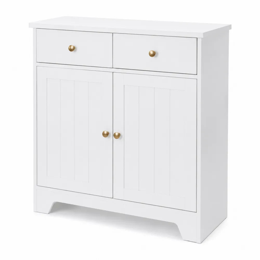 Credenza buffet rettangolare in MDF laccato bianco con 2 cassetti 2 ante scanalate e maniglie oro 80 cm x 35 cm x 85 cm
