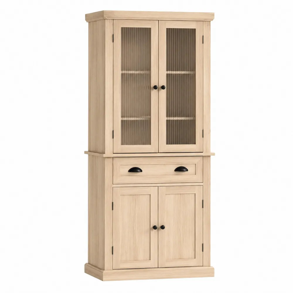 Credenza alta rettangolare in MDF effetto rovere chiaro con ante in vetro rigato cassetto centrale e maniglie nere 90 x 40 x 180 cm