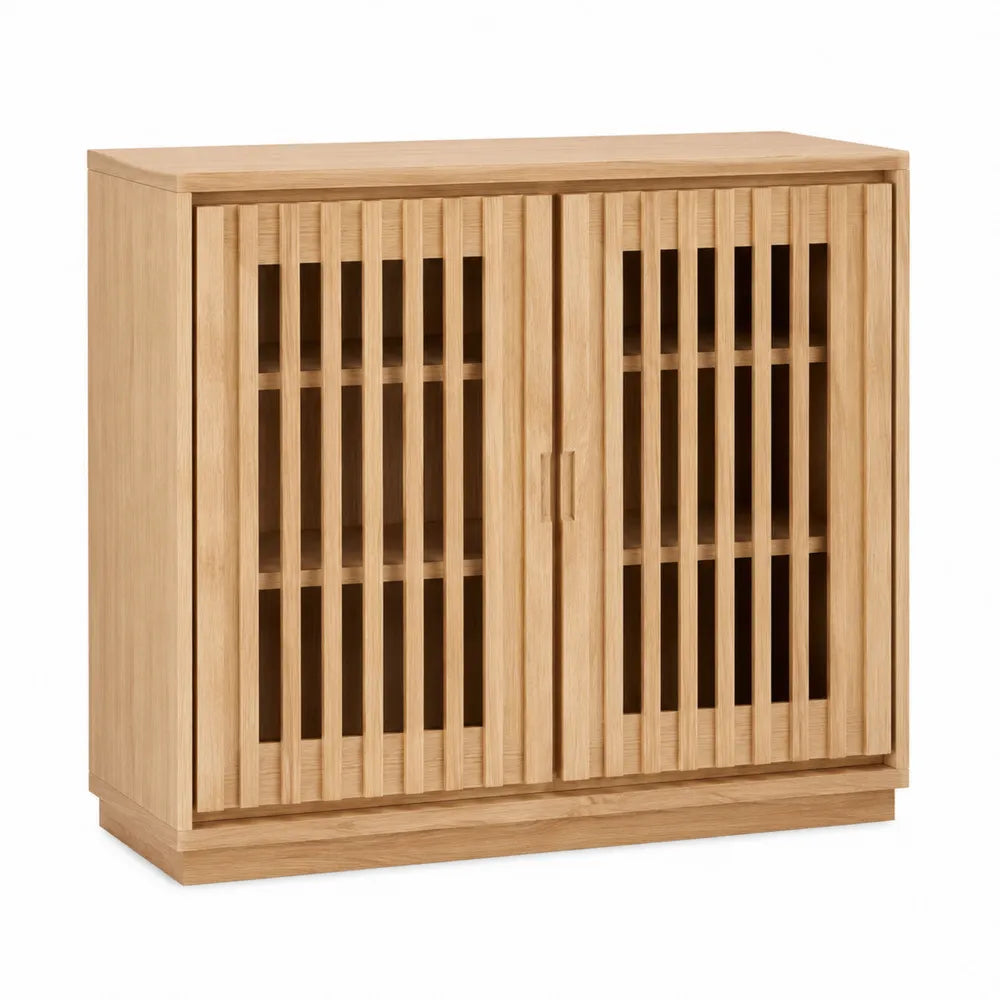 Credenza buffet rettangolare in MDF effetto rovere chiaro con 2 ante a doghe verticali e ripiano interno 120 cm x 40 cm x 85 cm