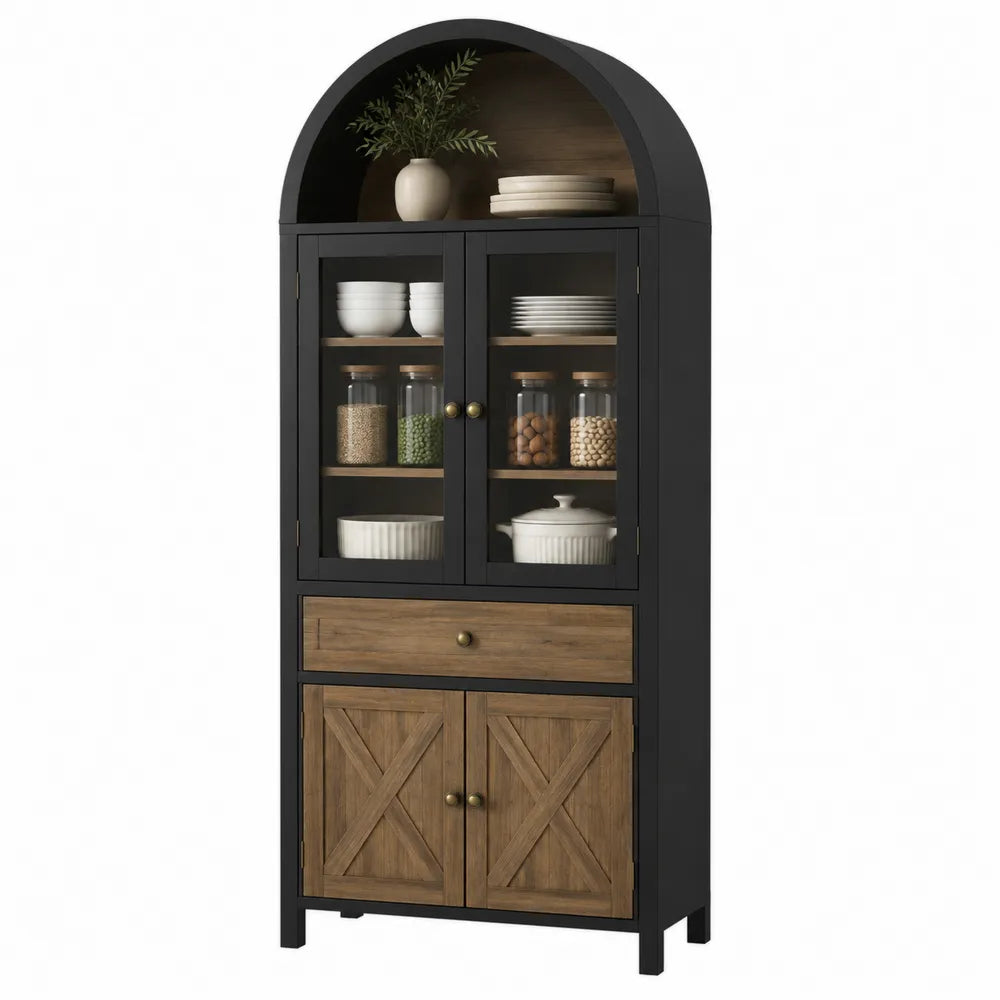Vetrina contenitore ad arco in acciaio verniciato nero e MDF effetto rovere con ante in vetro 90 cm x 40 cm x 180 cm