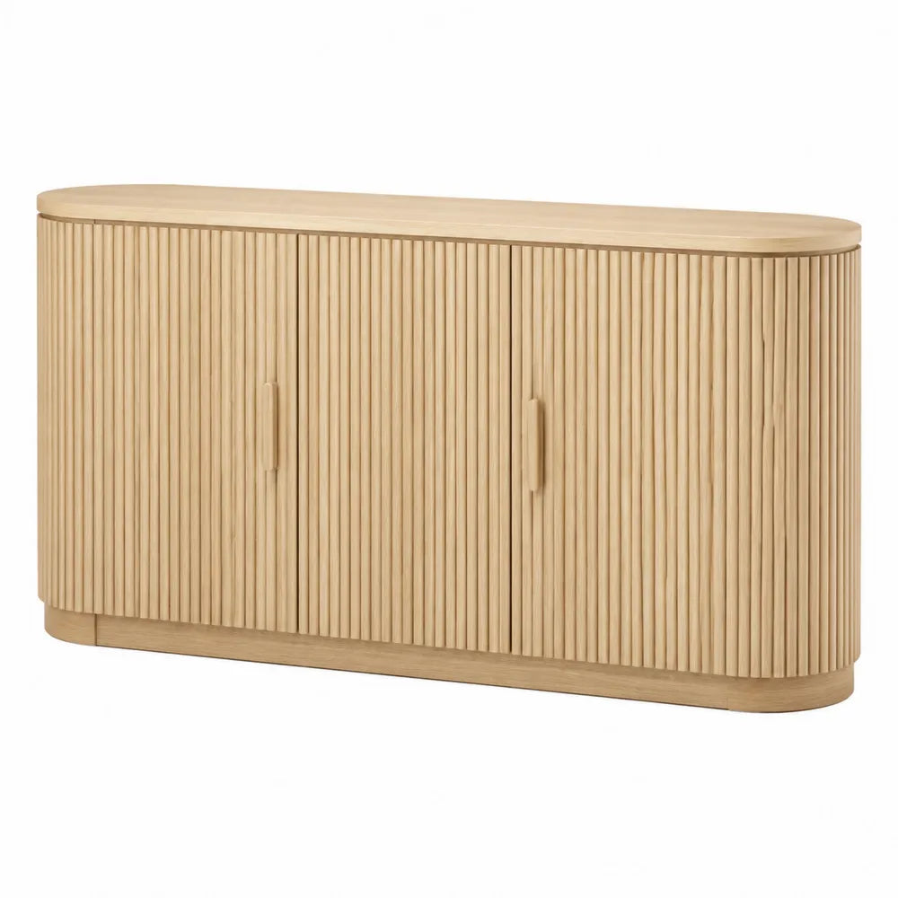 Credenza buffet rettangolare in MDF effetto rovere chiaro con ante scanalate e lati arrotondati 160 x 40 x 80 cm