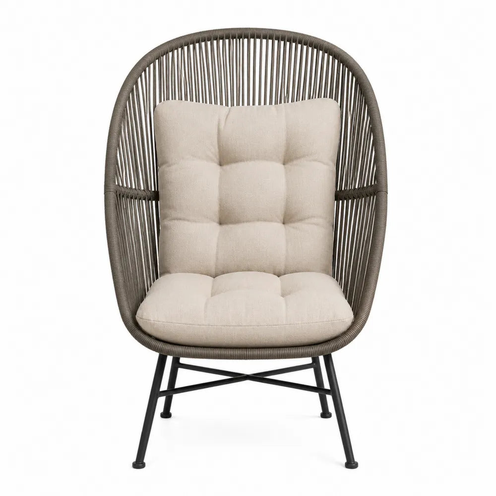 Poltrona da esterno a uovo in rattan PE grigio tortora con cuscino beige chiaro e gambe in acciaio nero 100 x 100 x 150 cm