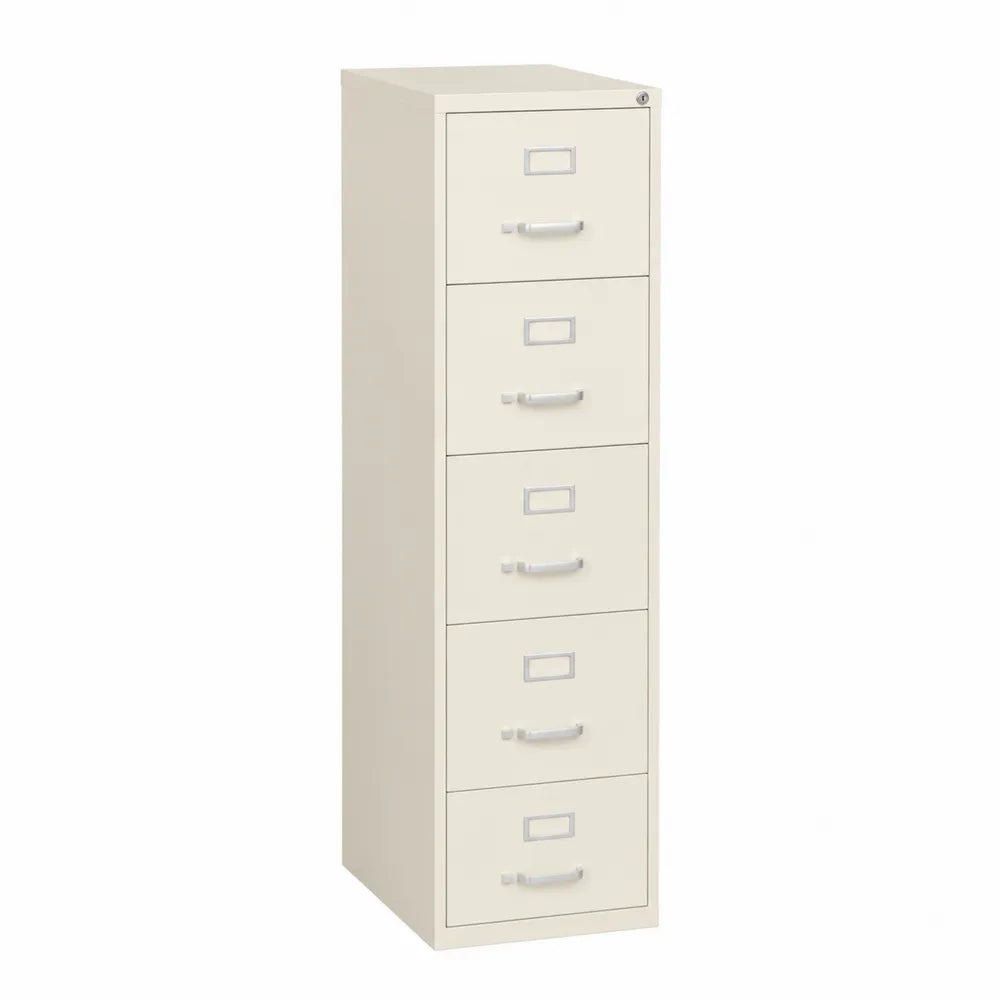 Classificatore verticale in acciaio beige chiaro con 5 cassetti serratura e maniglie 46 x 62 x 132 cm