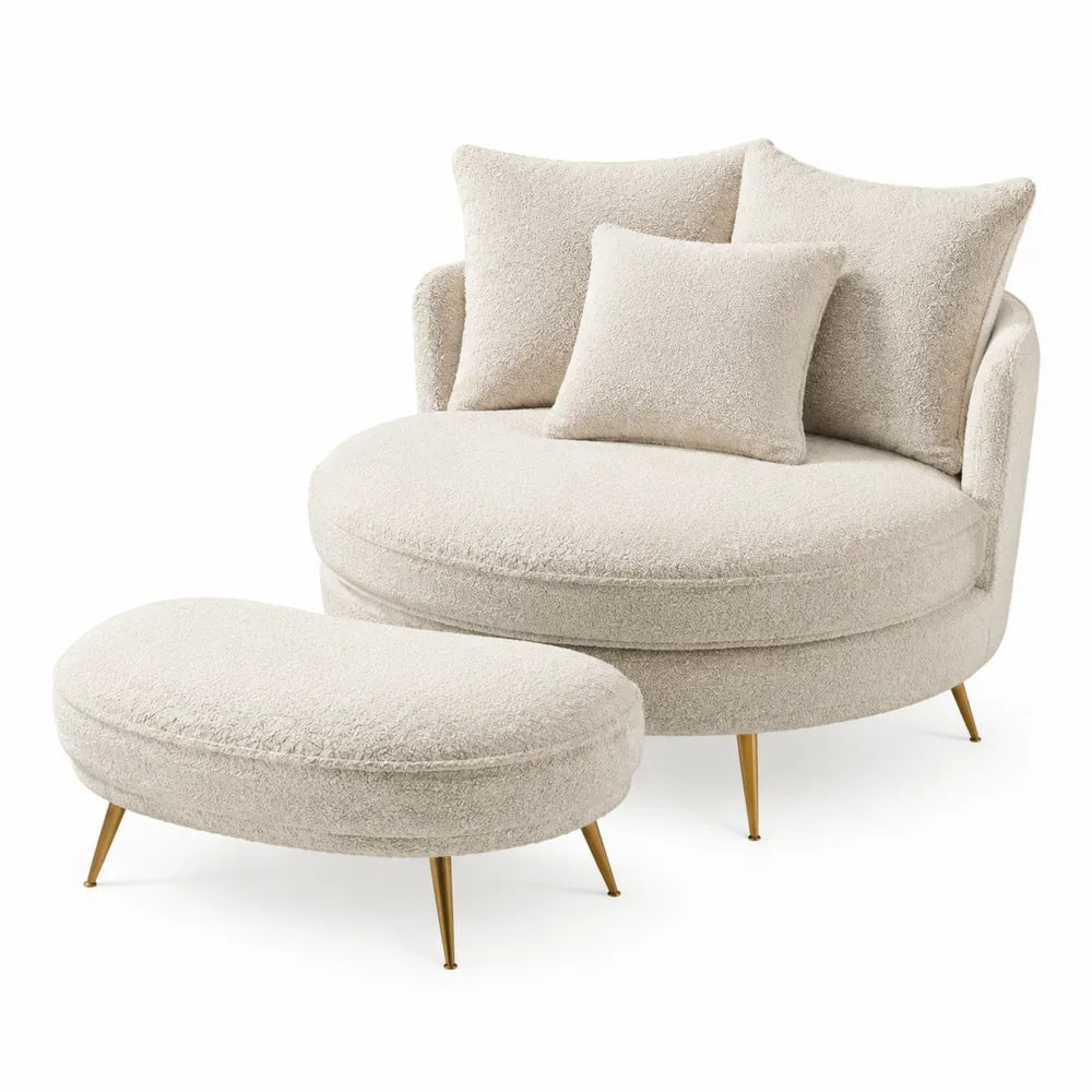 Set poltrona rotonda e pouf in tessuto bouclé beige chiaro con cuscini e gambe metalliche oro 110 cm x 95 cm x 85 cm
