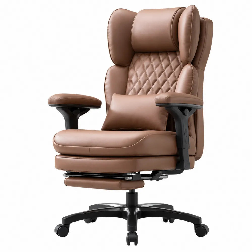 Sedia da ufficio girevole regolabile con poggiapiedi rivestimento in pelle PU marrone base in nylon nero 65 x 70 x 110-120 cm