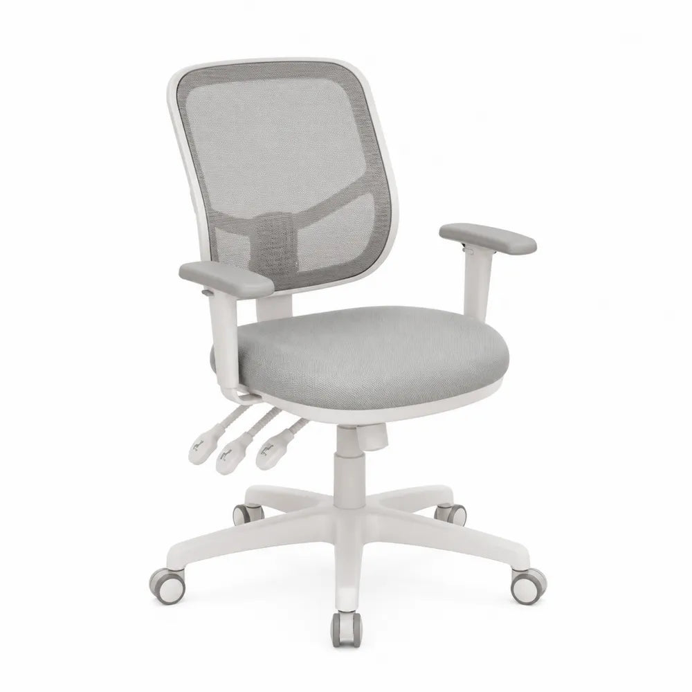 Sedia da ufficio girevole ergonomica in rete poliestere e tessuto imbottito grigio bianco con base in nylon a cinque razze e ruote 65 x 65 x 115 cm