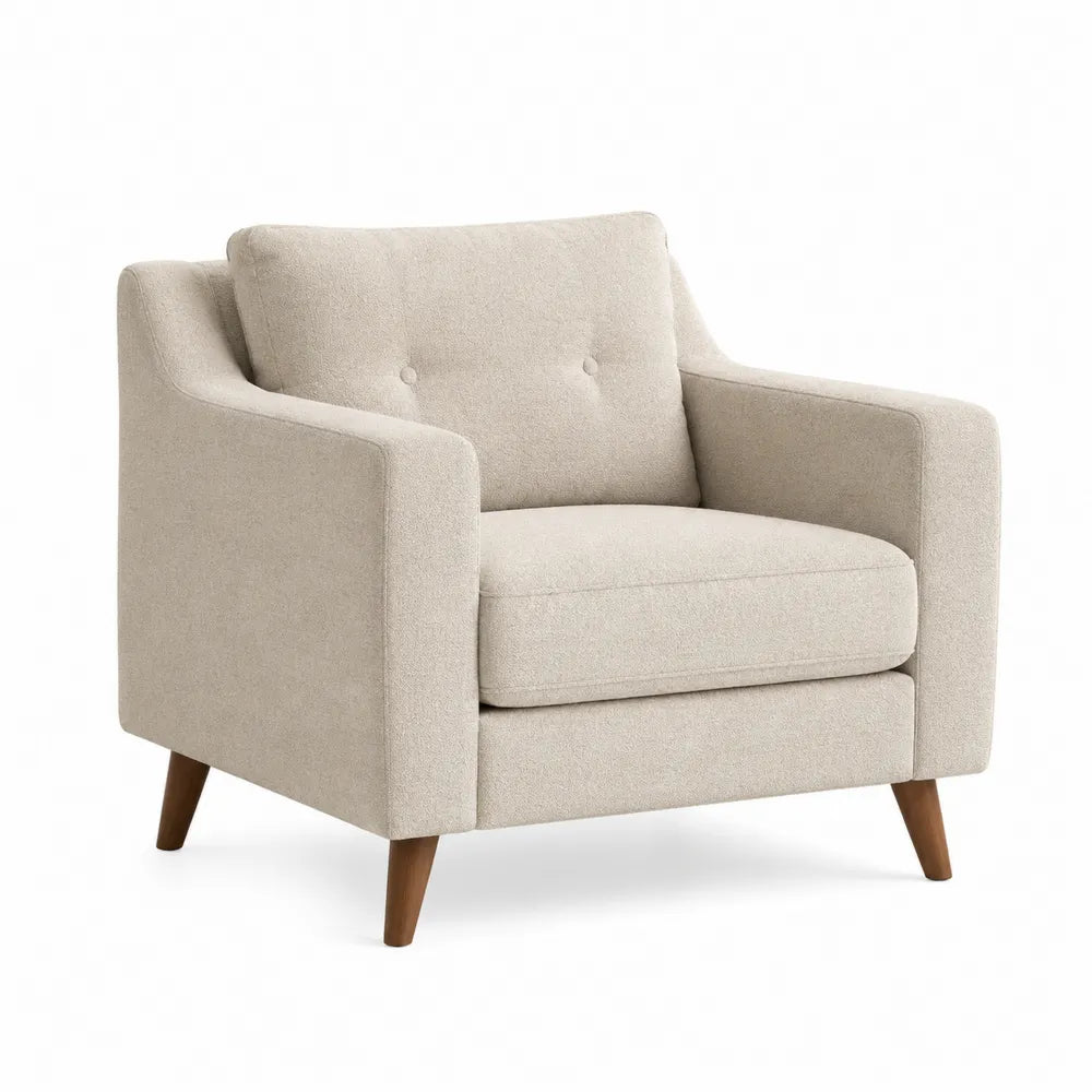 Poltrona imbottita con braccioli in tessuto poliestere effetto bouclé beige e gambe in legno 80 x 82 x 78 cm