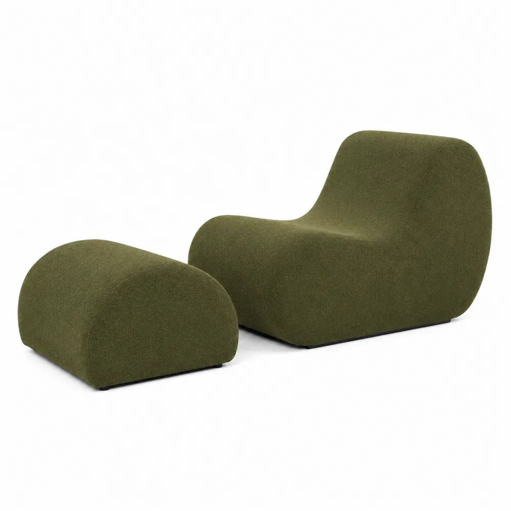 Poltrona lounge modulare in tessuto verde oliva con pouf poggiapiedi 2 pezzi stile moderno