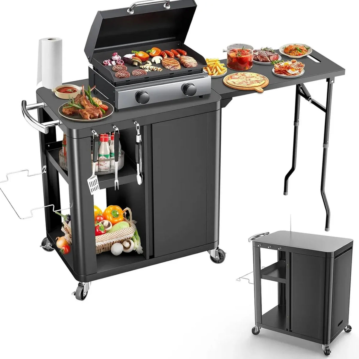 Carrello Barbecue Multiuso con Tavolo Pieghevole e Ruote, Cucina Esterna Completa con Ganci e Armadietti