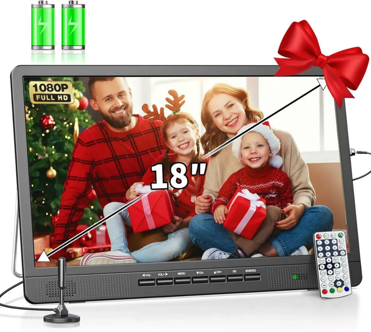 TV portatile Desobry 18 pollici, batteria 6000 mAh, DVB/T2, USB/HDMI/AV