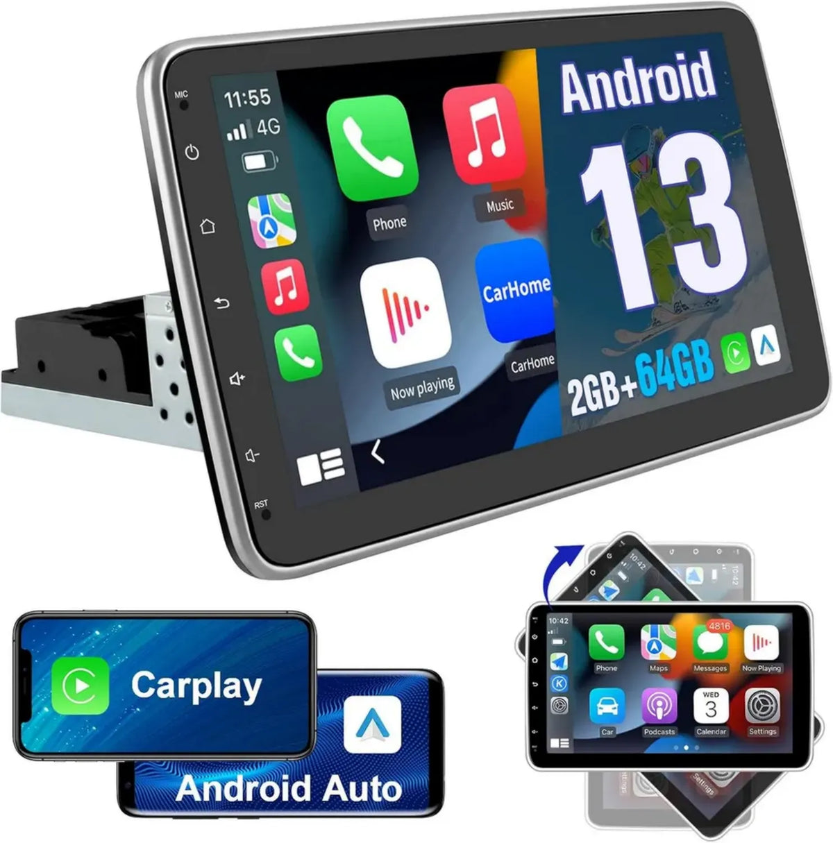 Autoradio Universale 10.1'' Android 13 1 DIN con CarPlay e Android Auto, GPS, Bluetooth e FM