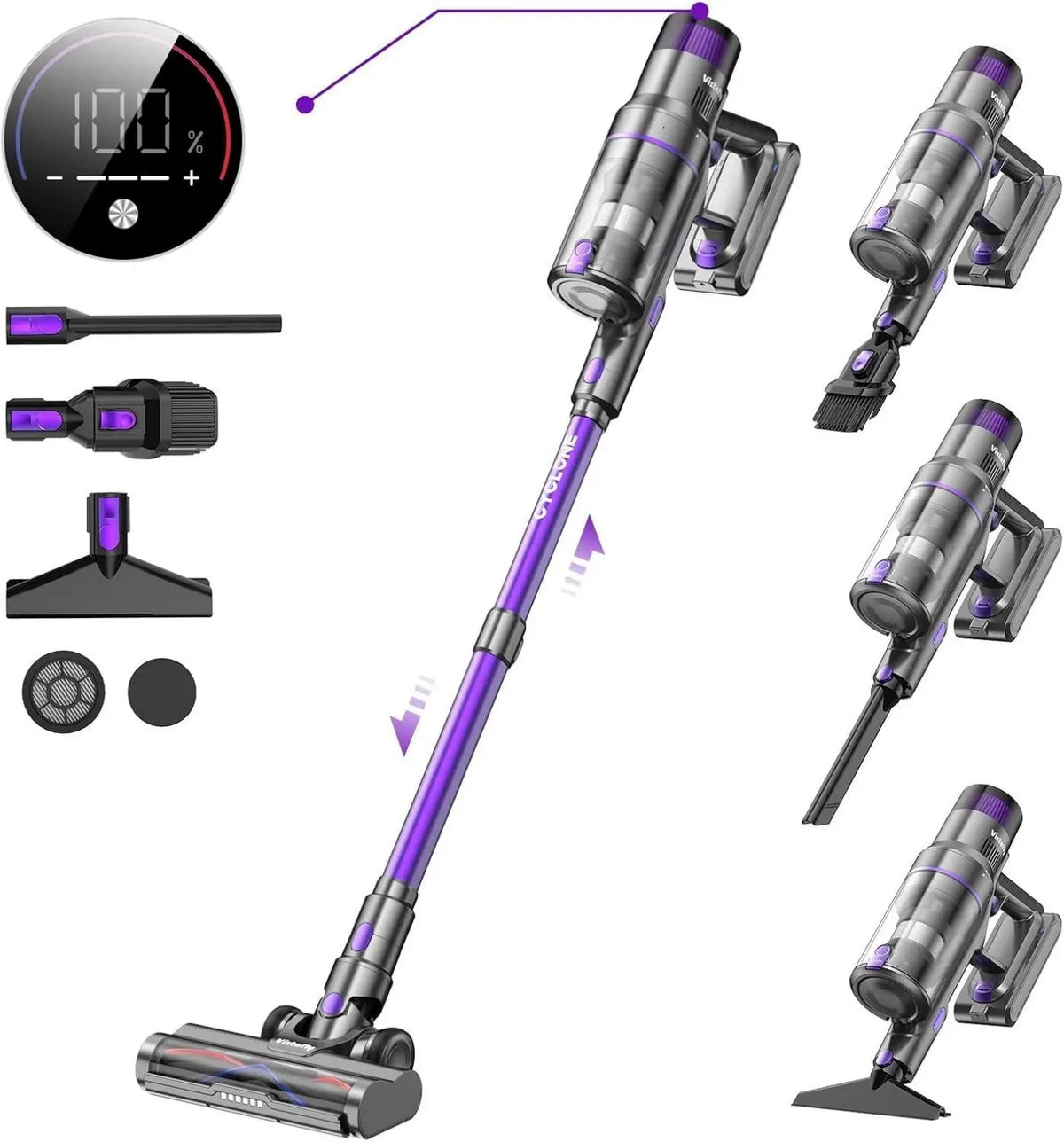 Vistefly V15S MAX Scopa Elettrica Senza Fili, 580W Aspirapolvere Potente 8 in 1 con Autonomia di 75 Minuti, Modalità Automatica per Peli e Tappeti