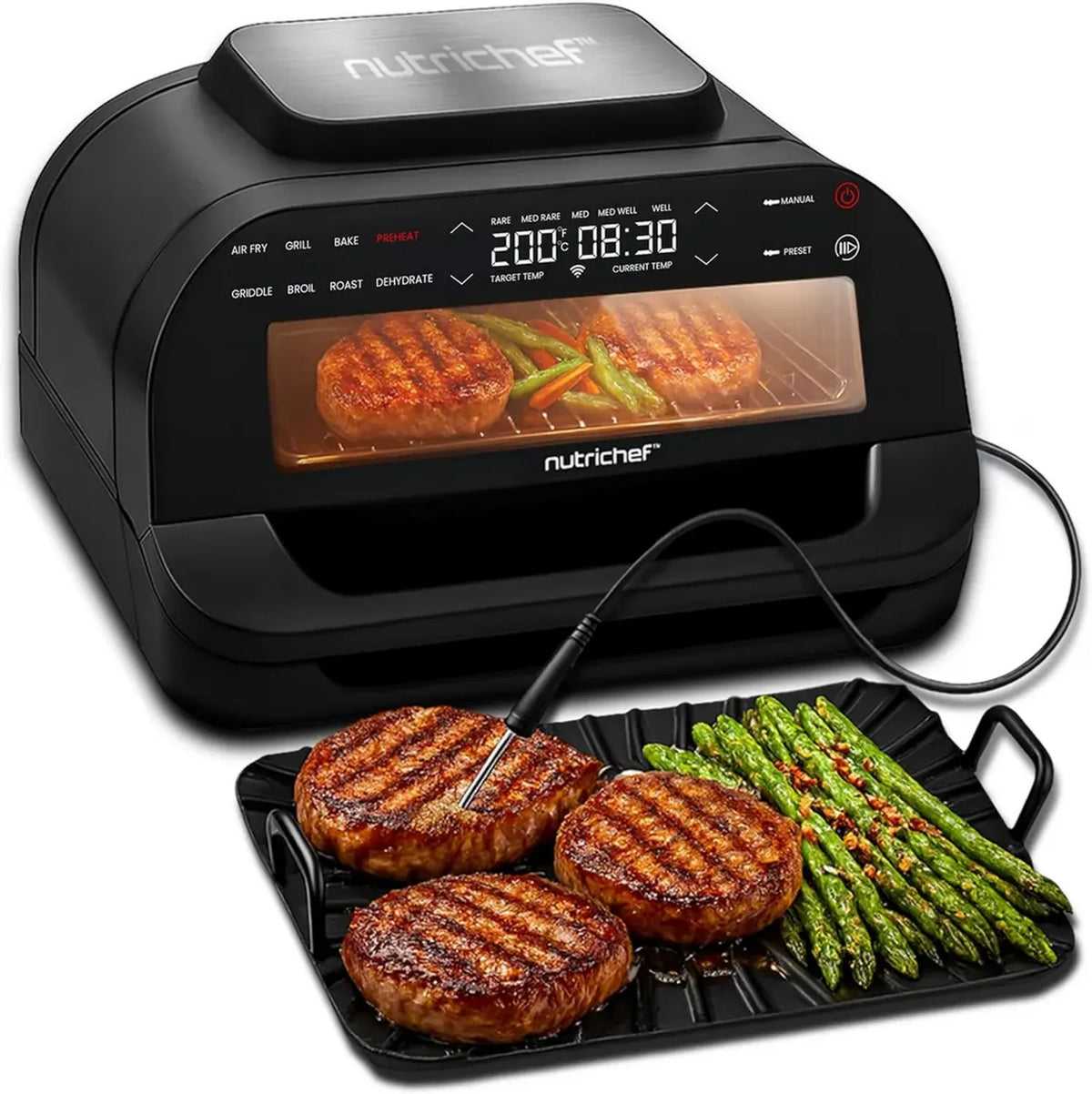 Forno ad Aria NutriChef 6L, Friggitrice Senza Fumo con 7 Funzioni di Cottura, Termometro e Piastre Antiaderenti