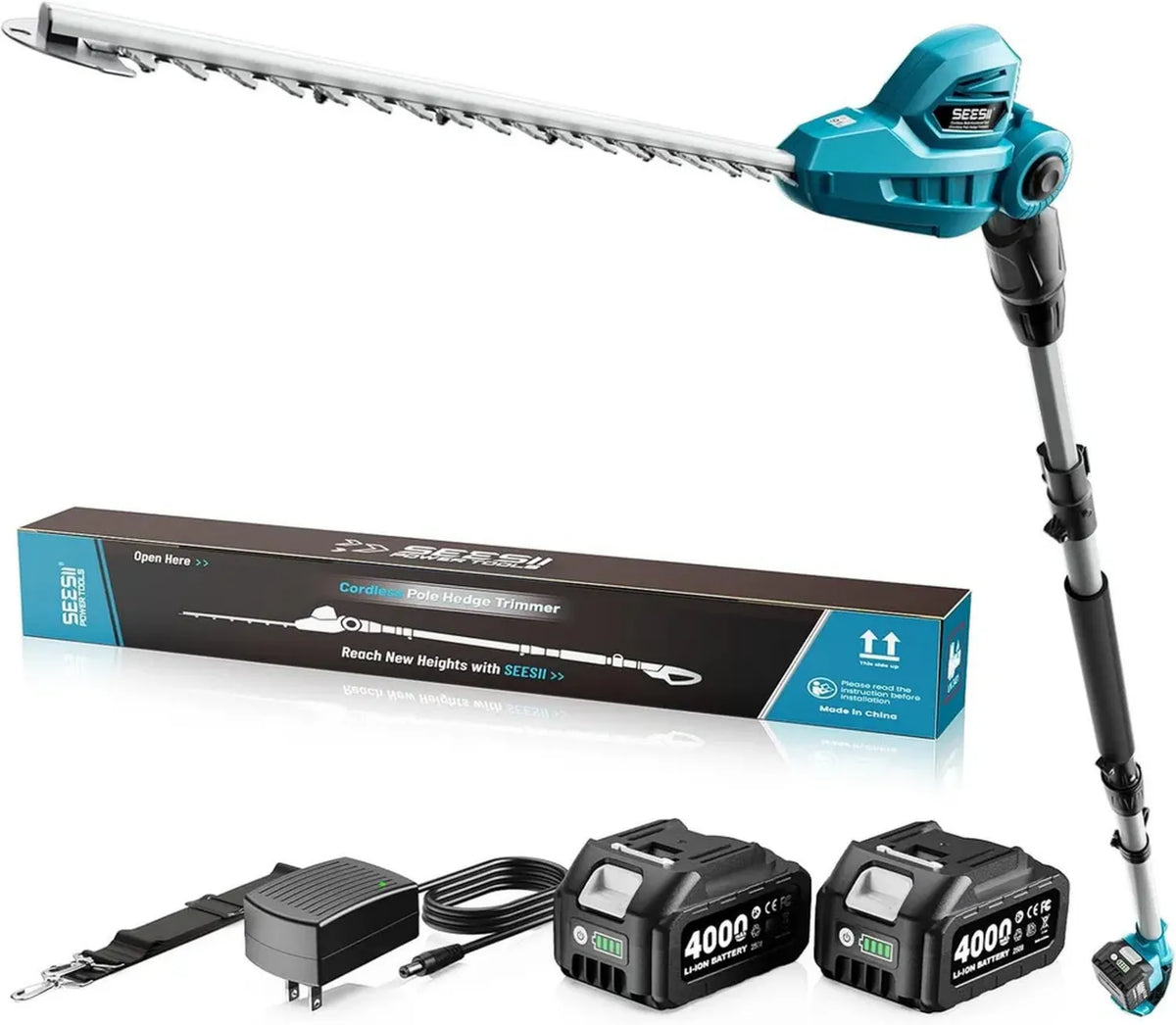 Potatore Telescopico a Batteria SEESII, 2,6 m, Lama Doppia 40 cm, 2 Batterie 4.0Ah, Testa Rotante 135°, Ideale per Siepi e Arbusti