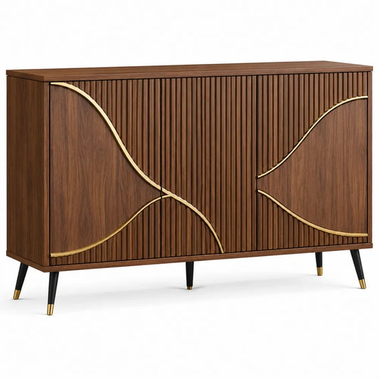 Credenza buffet rettangolare in MDF effetto noce scuro con ante scanalate profili oro e gambe in metallo nero 160 x 40 x 80 cm