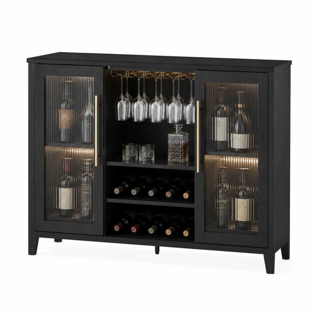 Credenza buffet bar rettangolare nera con ante in vetro scanalato portabicchieri e portabottiglie in MDF 150 x 40 x 90 cm