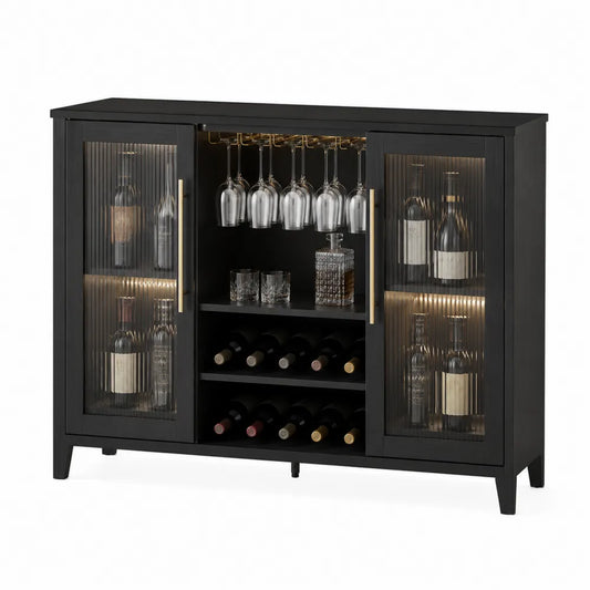 Credenza buffet bar rettangolare nera con ante in vetro scanalato portabicchieri e portabottiglie in MDF 150 x 40 x 90 cm