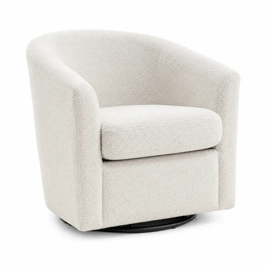 Poltrona girevole imbottita in tessuto bouclé bianco avorio con braccioli integrati e base in acciaio nero 75 cm x 70 cm x 75 cm