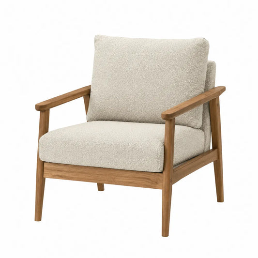 Poltrona imbottita in tessuto bouclé beige con braccioli struttura in legno massello gambe in legno 72 cm x 75 cm x 80 cm