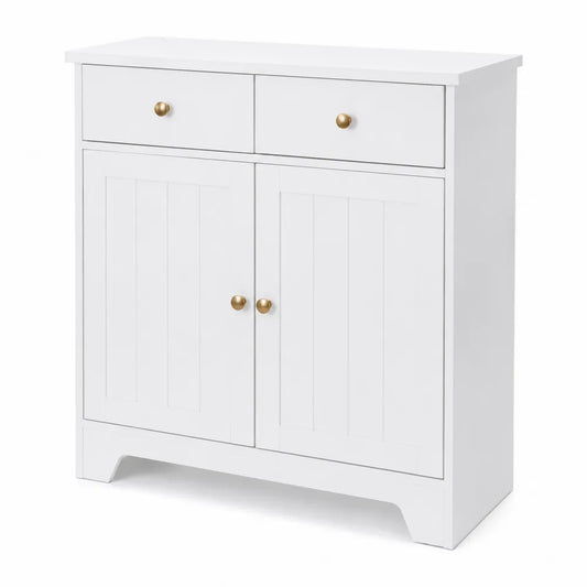 Credenza buffet rettangolare in MDF laccato bianco con 2 cassetti 2 ante scanalate e maniglie oro 80 cm x 35 cm x 85 cm