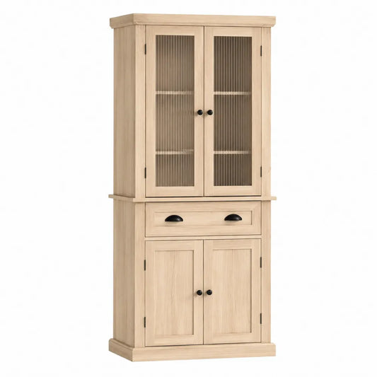Credenza alta rettangolare in MDF effetto rovere chiaro con ante in vetro rigato cassetto centrale e maniglie nere 90 x 40 x 180 cm