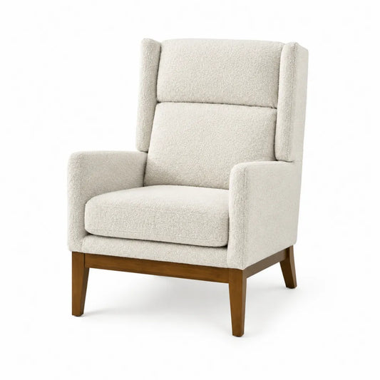 Poltrona imbottita in tessuto bouclé beige chiaro con schienale alto braccioli e base in legno di faggio 75 cm x 78 cm x 85 cm