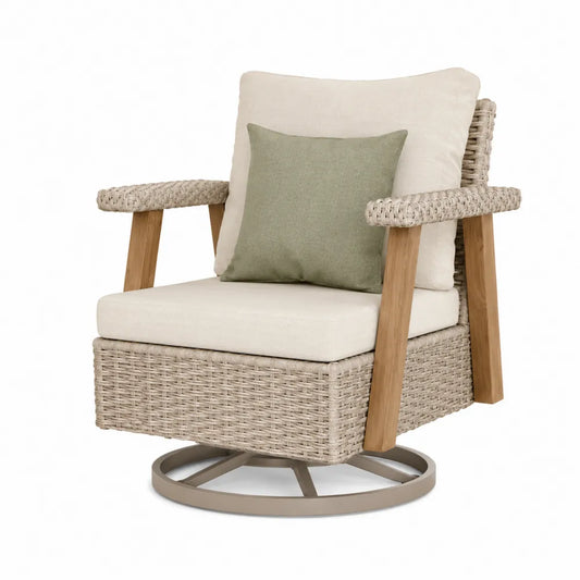 Poltrona da esterno girevole in polyrattan con cuscini beige struttura in alluminio e base rotante 80 x 80 x 85 cm
