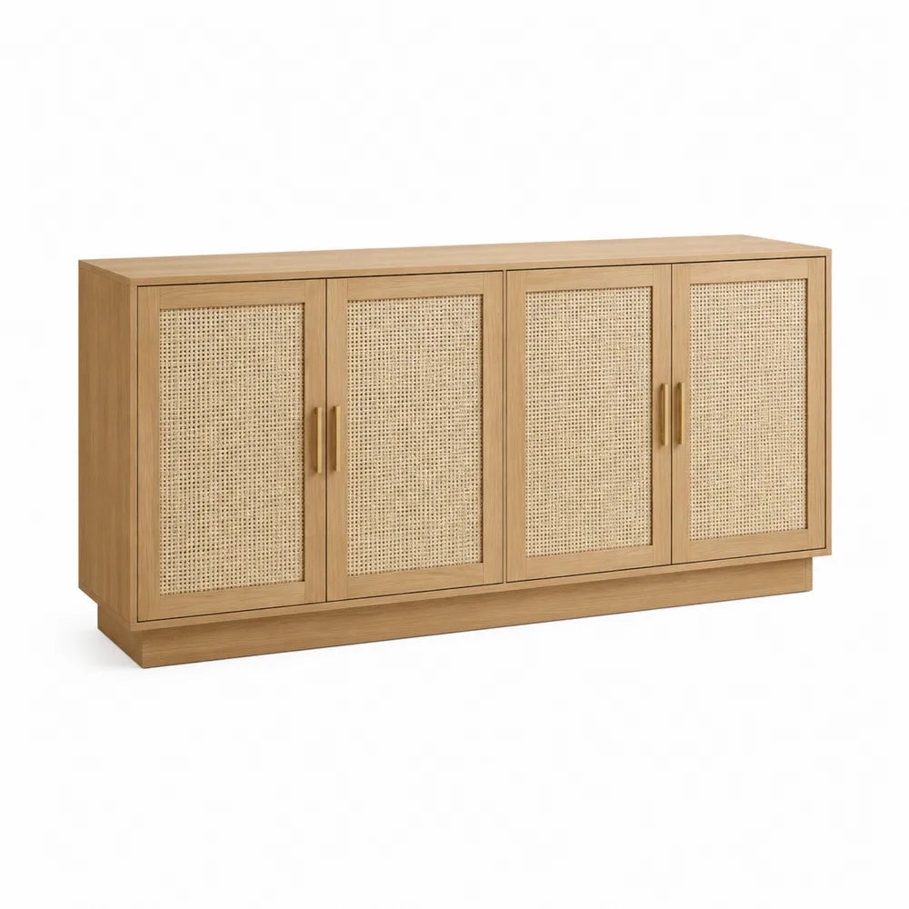 Credenza buffet rettangolare in MDF effetto rovere naturale con 4 ante in rattan intrecciato e maniglie oro 160 x 40 x 80 cm