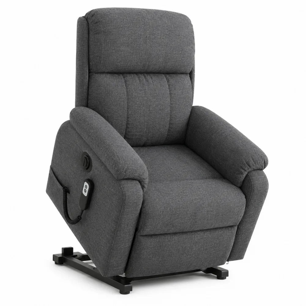 Poltrona relax elettrica reclinabile in tessuto poliestere grigio scuro con braccioli poggiapiedi e telecomando cablato 80 cm x 90 cm x 105 cm