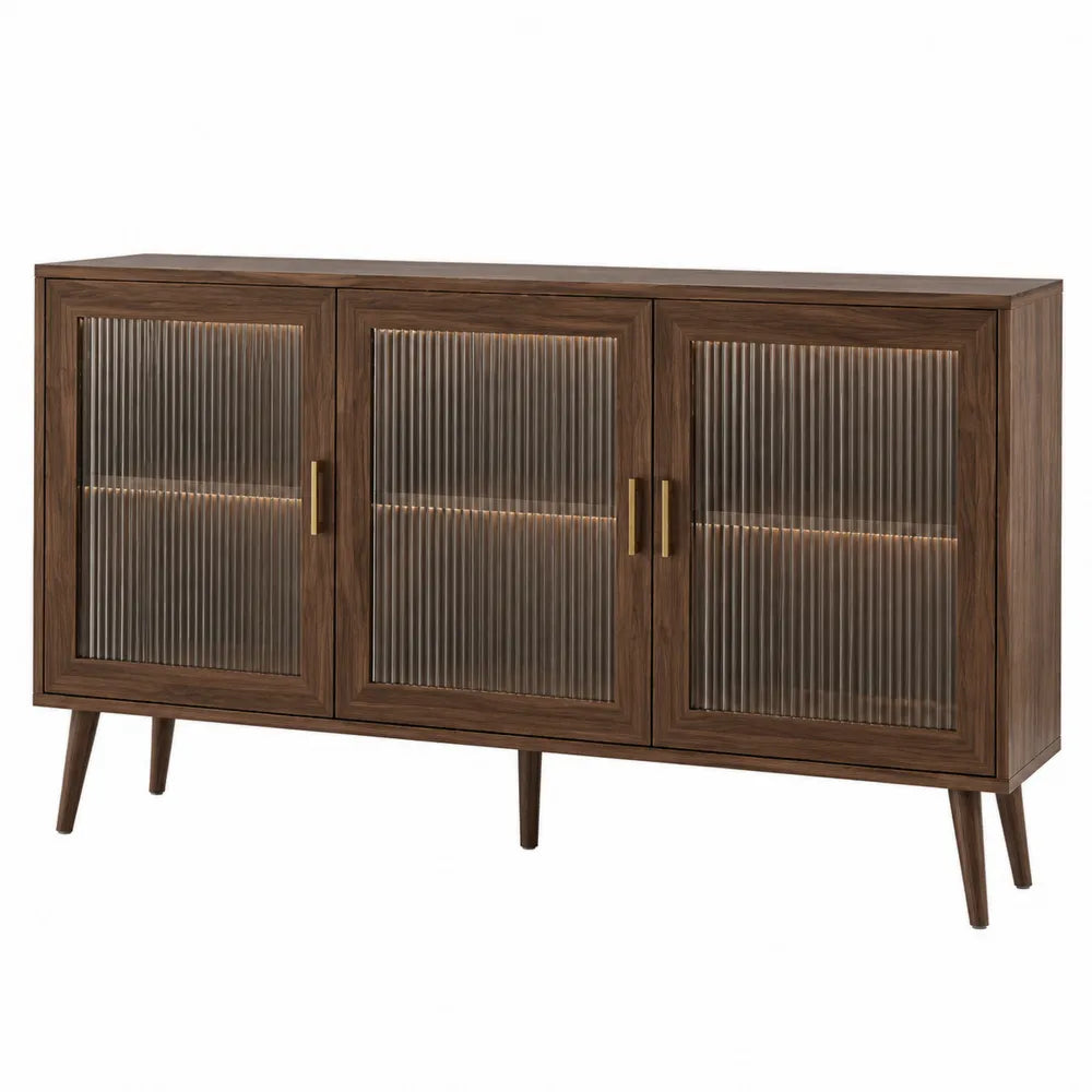 Credenza contenitore rettangolare in MDF effetto noce scuro con 3 ante in vetro scanalato fumé illuminazione interna 160 cm x 40 cm x 80 cm