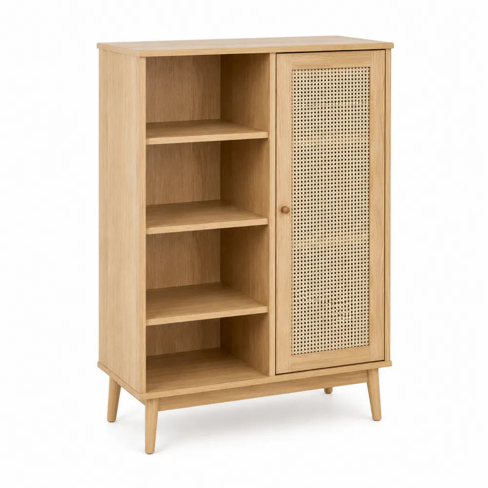 Credenza contenitore rettangolare in MDF effetto rovere chiaro con ripiani aperti e anta in rattan naturale 100 cm x 40 cm x 120 cm