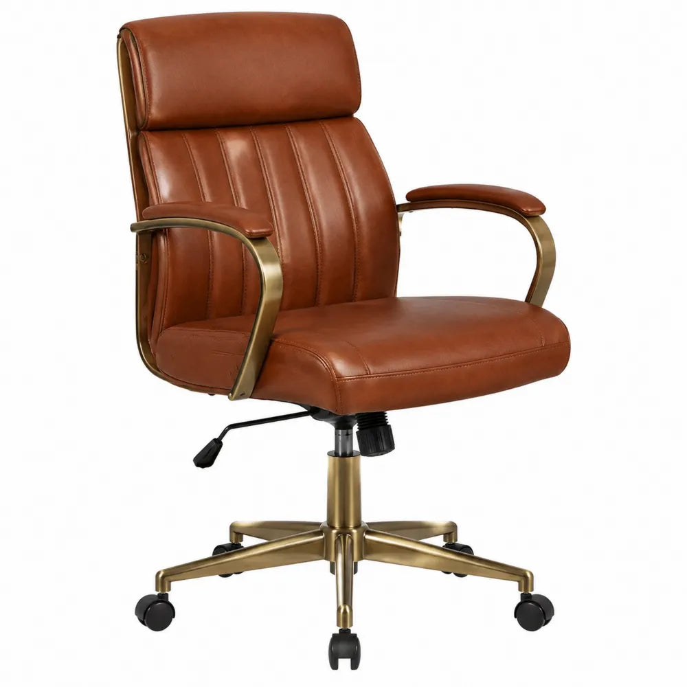 Sedia da ufficio girevole regolabile con ruote rivestimento in pelle PU marrone base in acciaio dorato 65 x 65 x 110-120 cm