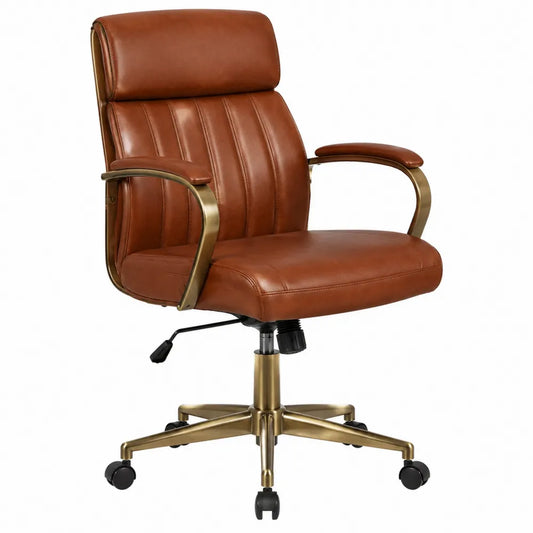 Sedia da ufficio girevole regolabile con ruote rivestimento in pelle PU marrone base in acciaio dorato 65 x 65 x 110-120 cm