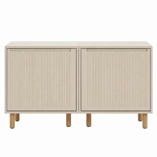 Credenza buffet rettangolare in MDF color crema con 2 ante scanalate e gambe in legno naturale 160 x 40 x 80 cm