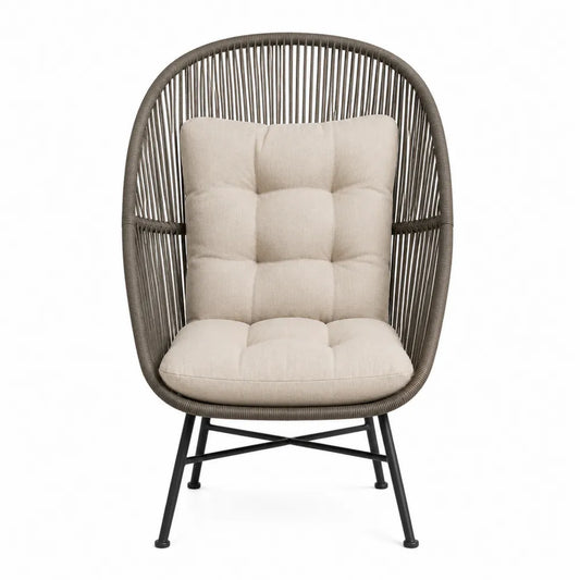 Poltrona da esterno a uovo in rattan PE grigio tortora con cuscino beige chiaro e gambe in acciaio nero 100 x 100 x 150 cm