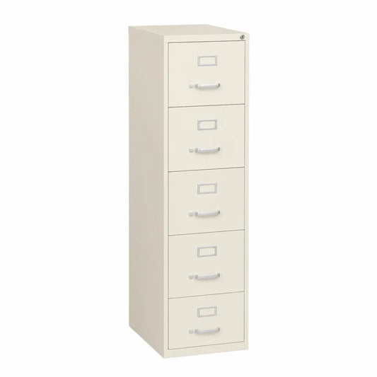 Classificatore verticale in acciaio beige chiaro con 5 cassetti serratura e maniglie 46 x 62 x 132 cm
