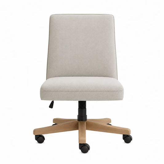 Sedia da ufficio girevole regolabile senza braccioli in tessuto beige chiaro con base in legno naturale e ruote 60 x 60 x 85-95 cm