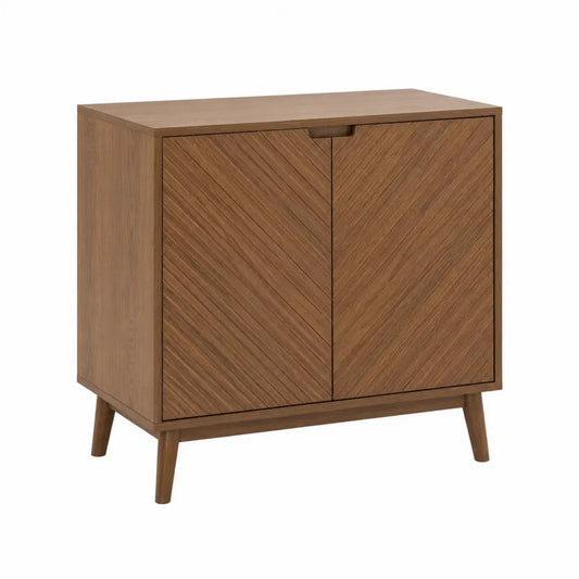 Credenza contenitore rettangolare in pannello truciolare effetto noce con 2 ante a venatura diagonale e gambe in faggio 85 cm x 40 cm x 80 cm