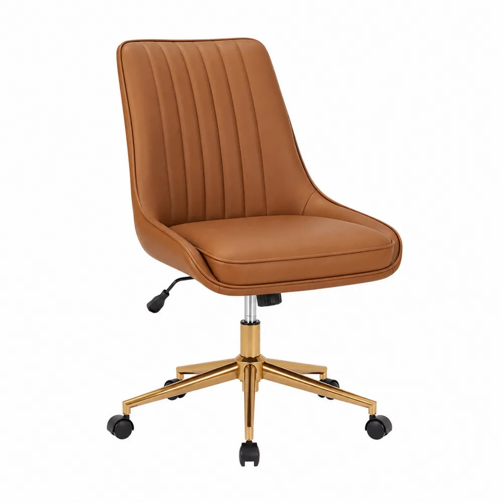 Sedia da ufficio girevole regolabile con ruote rivestimento in pelle PU marrone base in acciaio dorato 60 x 60 x 85-95 cm