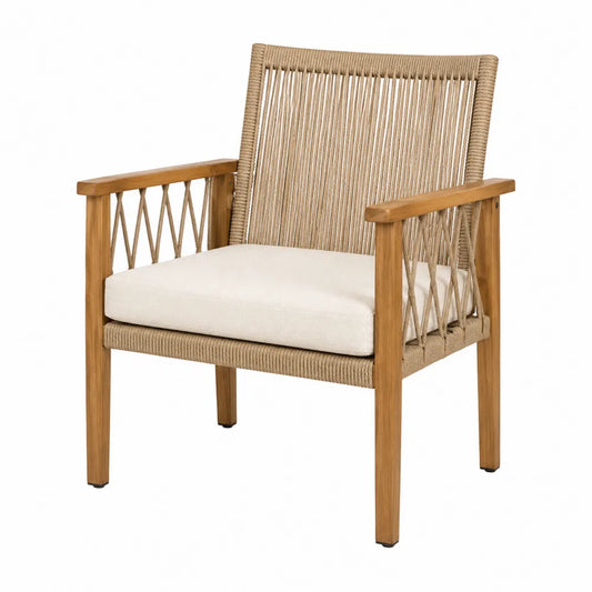 Poltrona da esterno con braccioli in legno massello di acacia e corda PE beige con cuscino in poliestere beige chiaro 65 x 65 x 82 cm