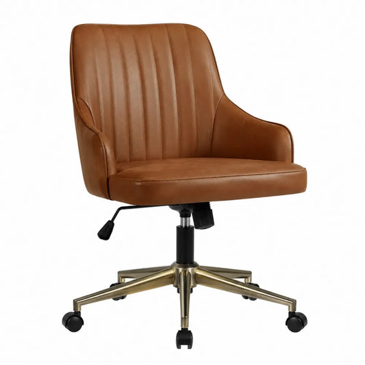 Sedia da ufficio girevole regolabile con ruote rivestimento in pelle PU marrone base dorata a cinque razze 60 x 60 x 78-88 cm