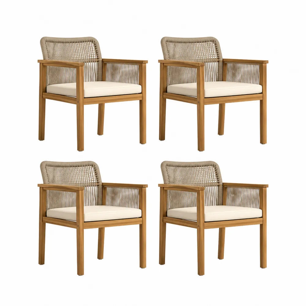 Set di 4 sedie da esterno con braccioli in legno massello di acacia e corda PE beige con cuscini in poliestere 60 x 60 x 80 cm ciascuna