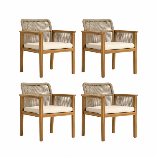 Set di 4 sedie da esterno con braccioli in legno massello di acacia e corda PE beige con cuscini in poliestere 60 x 60 x 80 cm ciascuna