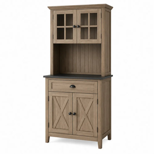 Credenza alta buffet rettangolare in MDF effetto rovere naturale con vetrina ante a croce e piano nero 120 x 40 x 180 cm