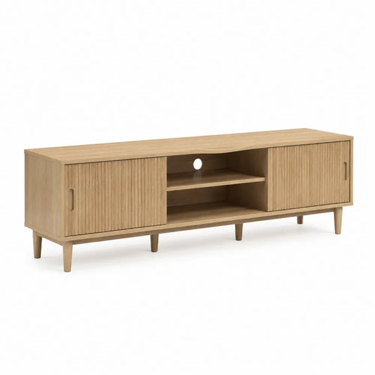 Mobile TV basso rettangolare in MDF effetto rovere chiaro con 2 ante scorrevoli a lamelle vano centrale aperto e passacavi 160 cm x 40 cm x 55 cm