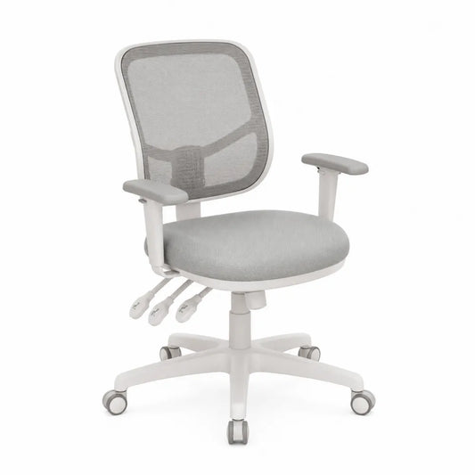Sedia da ufficio girevole ergonomica in rete poliestere e tessuto imbottito grigio bianco con base in nylon a cinque razze e ruote 65 x 65 x 115 cm