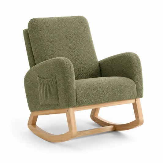 Poltrona a dondolo imbottita in tessuto poliestere effetto bouclé verde oliva con base curva in legno naturale 75 x 85 x 80 cm
