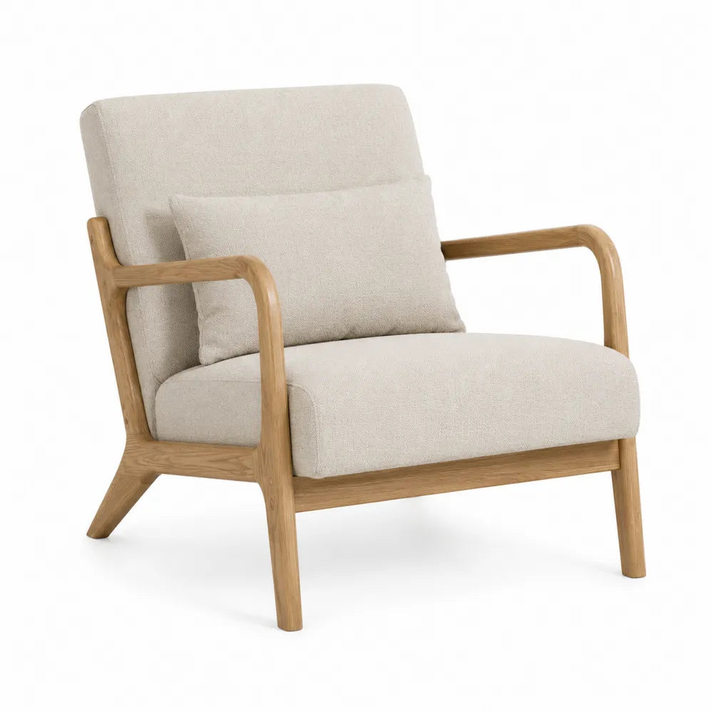 Poltrona imbottita con braccioli in legno massello di faggio e rivestimento poliestere bouclé beige 75 x 80 x 85 cm