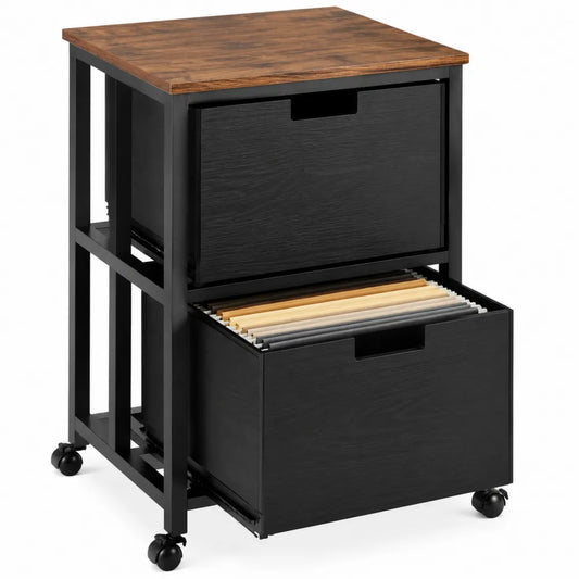 Classificatore mobile con 2 cassetti piano in pannello truciolare effetto legno struttura in acciaio nero 40 x 45 x 60 cm
