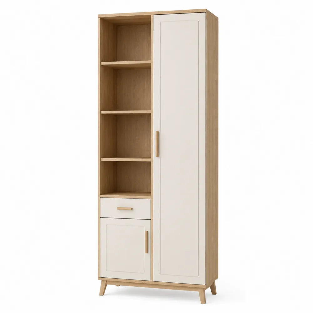 Mobile contenitore alto rettangolare in MDF effetto rovere chiaro con ante beige ripiani aperti cassetto e gambe in legno 80 cm x 35 cm x 180 cm